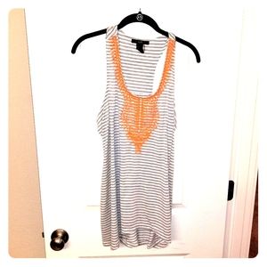 Striped grey and white tank with orange embroider